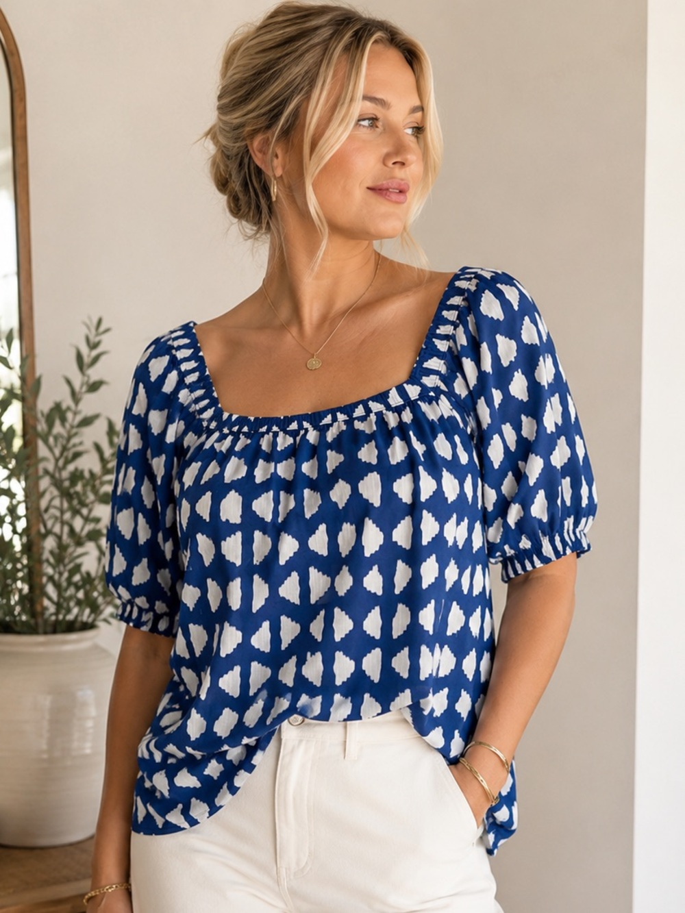 Sonoma Blue White Geometric Square Neck Rayon Peasant Blouse Resort Summer Boho